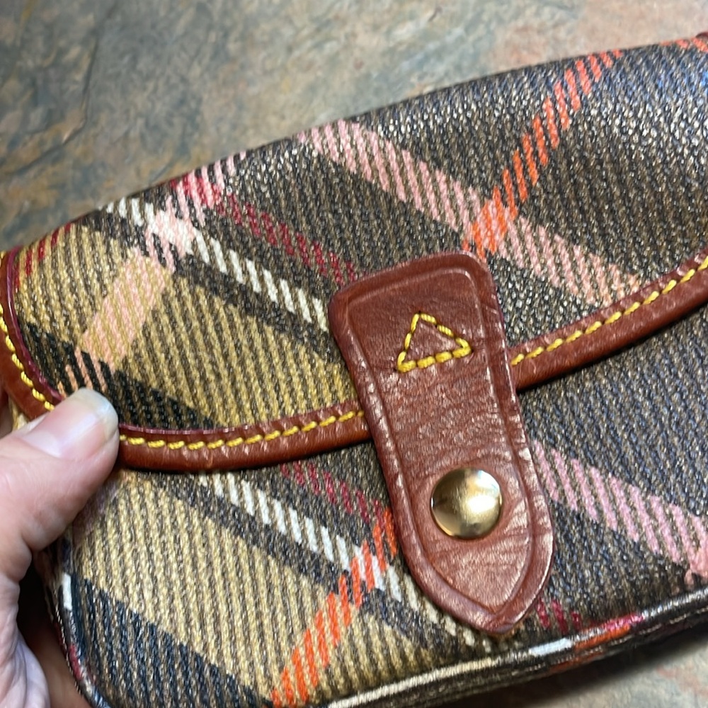 Dooney & Bourke brown plaid wristlet with cognac leather trim and strap. - Picture 7 of 7